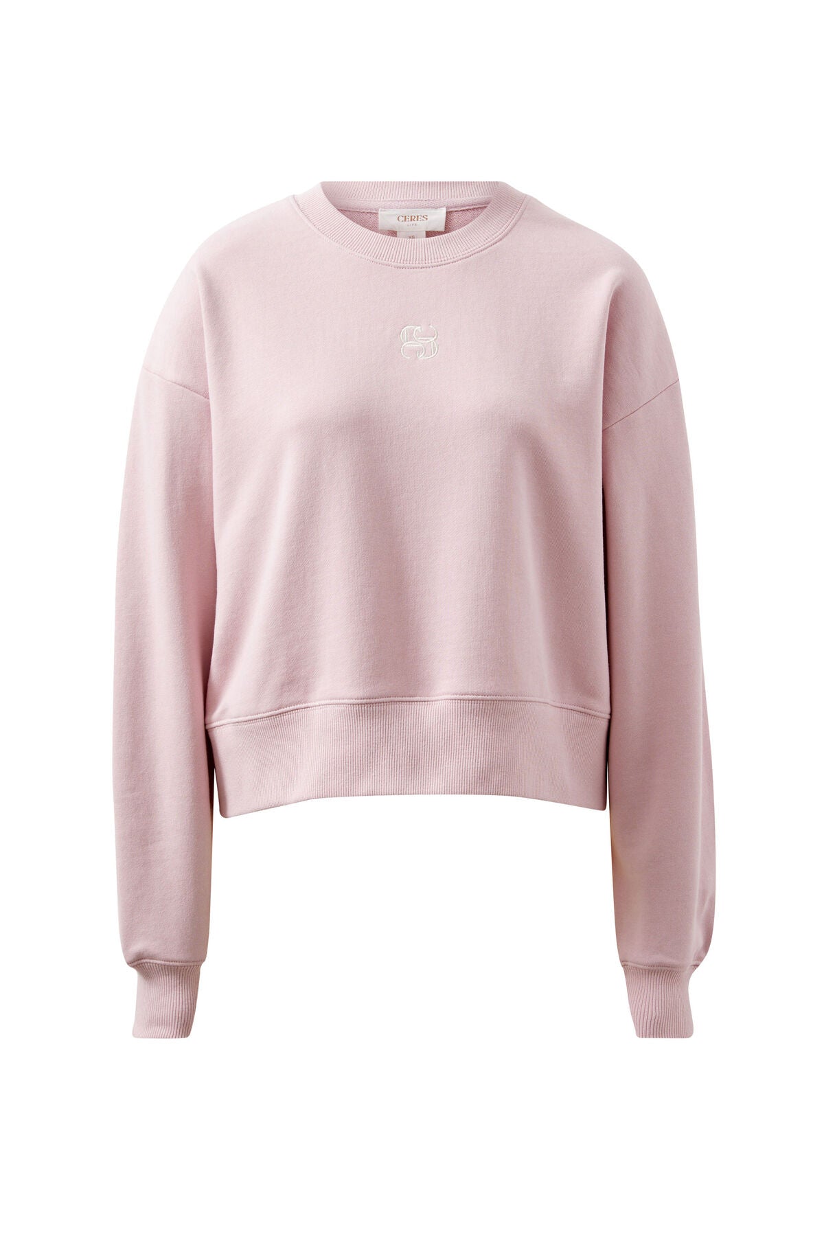 Ceres Life Cropped Slouchy Crew in Blush embroidery logo