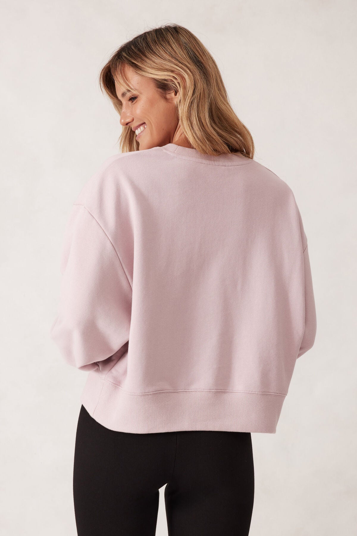 Ceres Life Cropped Slouchy Crew in Blush embroidery logo