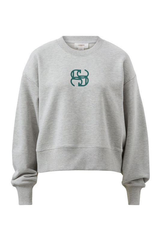 Ceres Life Cropped Slouchy Crew in Grey Marle with Pine Green Logo