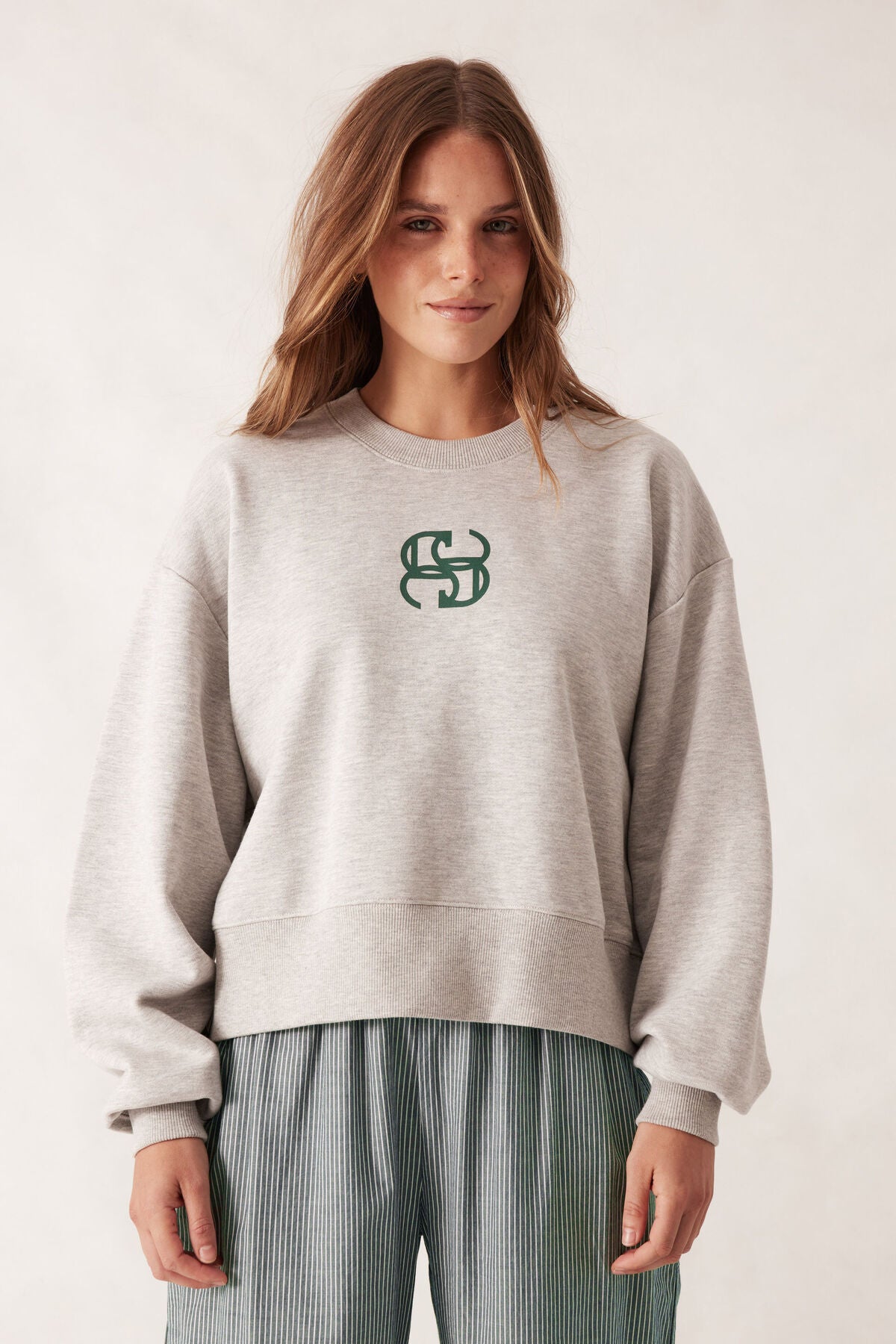 Ceres Life Cropped Slouchy Crew in Grey Marle with Pine Green Logo