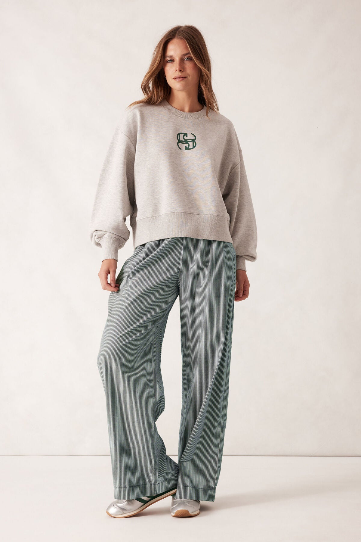 Ceres Life Cropped Slouchy Crew in Grey Marle with Pine Green Logo
