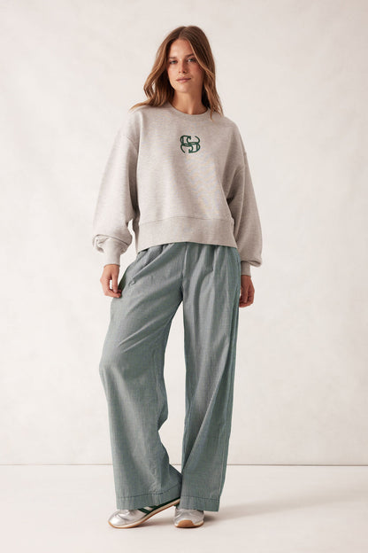 Ceres Life Cropped Slouchy Crew in Grey Marle with Pine Green Logo