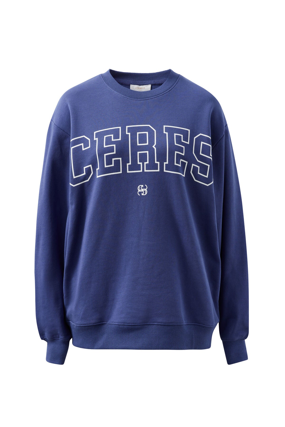 Isla Oversized Slouchy Crew in washed navy white heritage logo.
