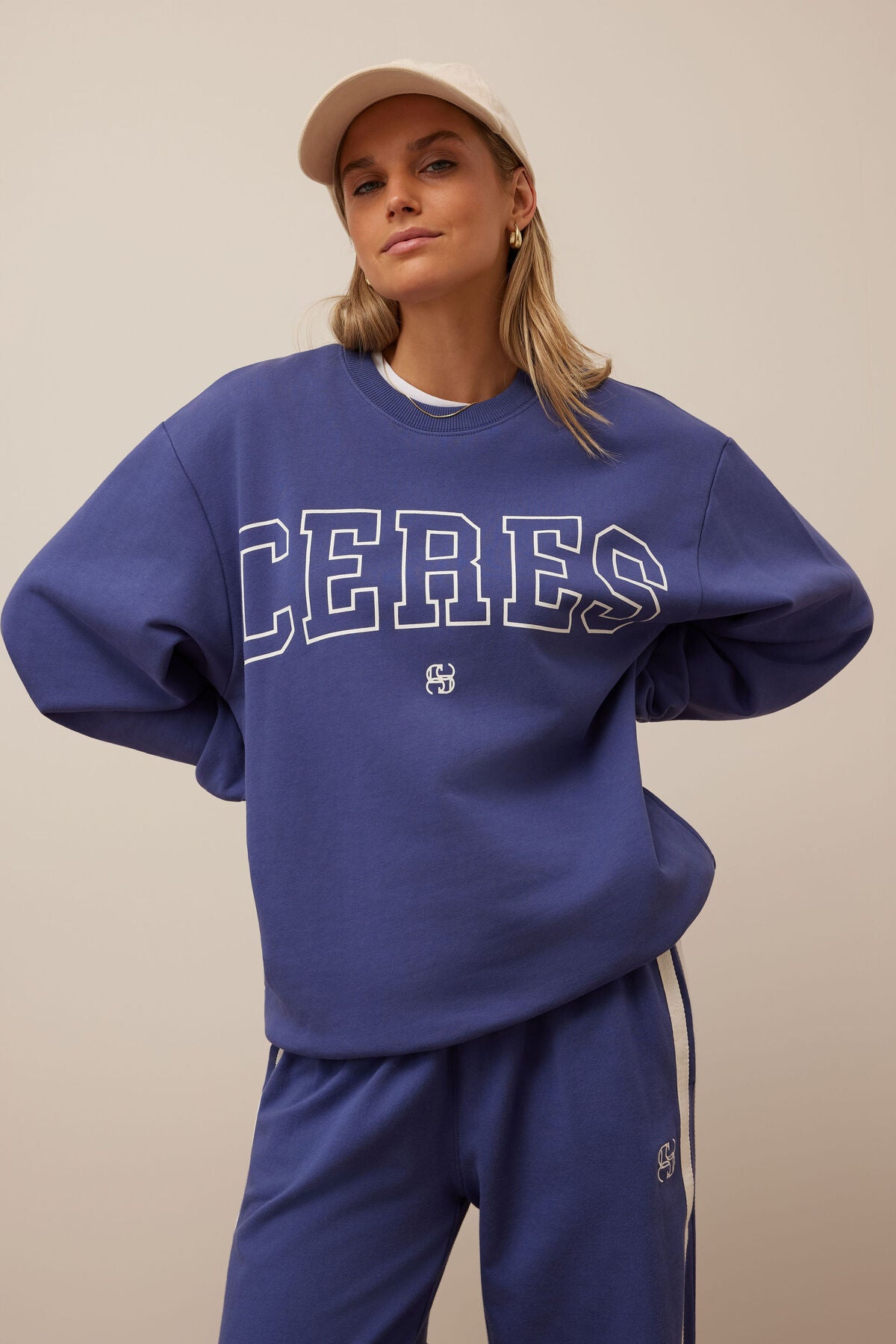 Isla Oversized Slouchy Crew in washed navy white heritage logo.