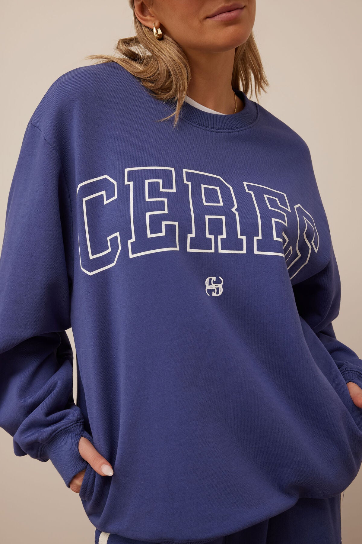 Isla Oversized Slouchy Crew in washed navy white heritage logo.