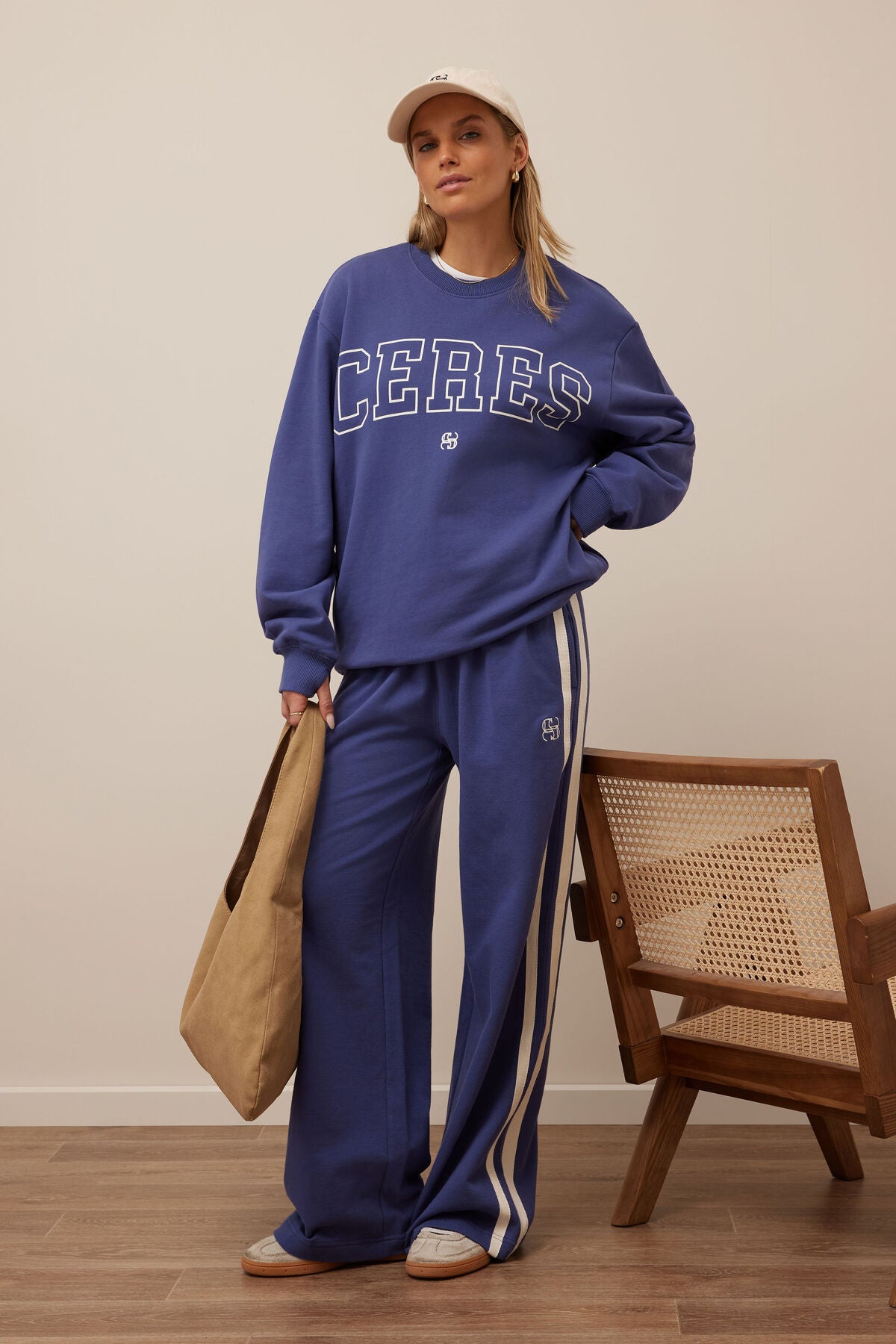 Isla Oversized Slouchy Crew in washed navy white heritage logo.