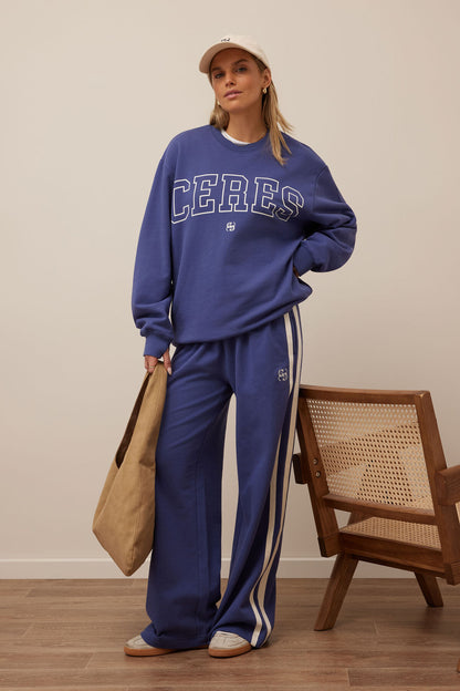 Isla Oversized Slouchy Crew in washed navy white heritage logo.