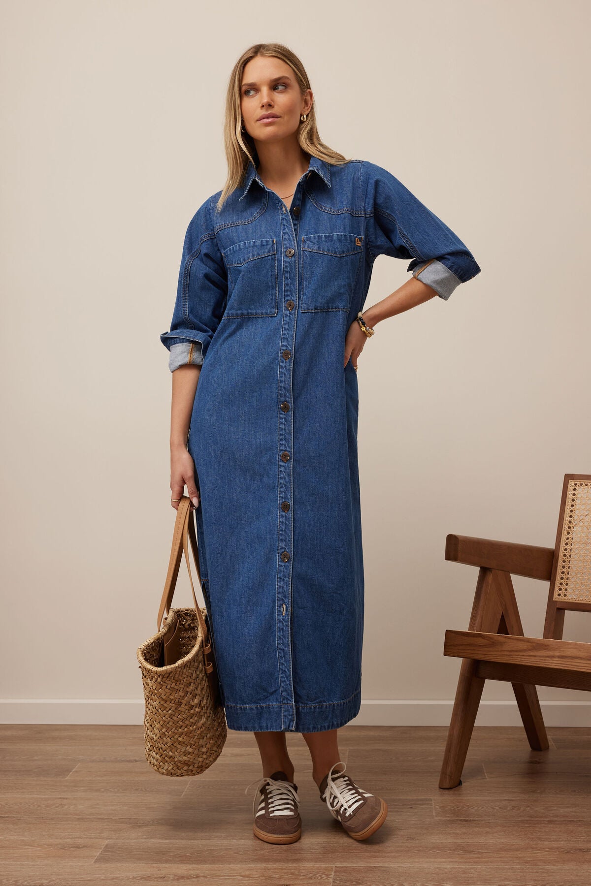 Rae Long Sleeve Midi Dress in Fresh Indigo