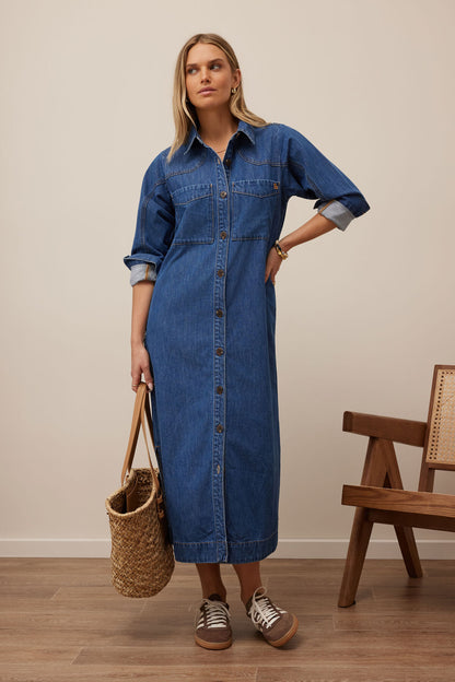 Rae Long Sleeve Midi Dress in Fresh Indigo