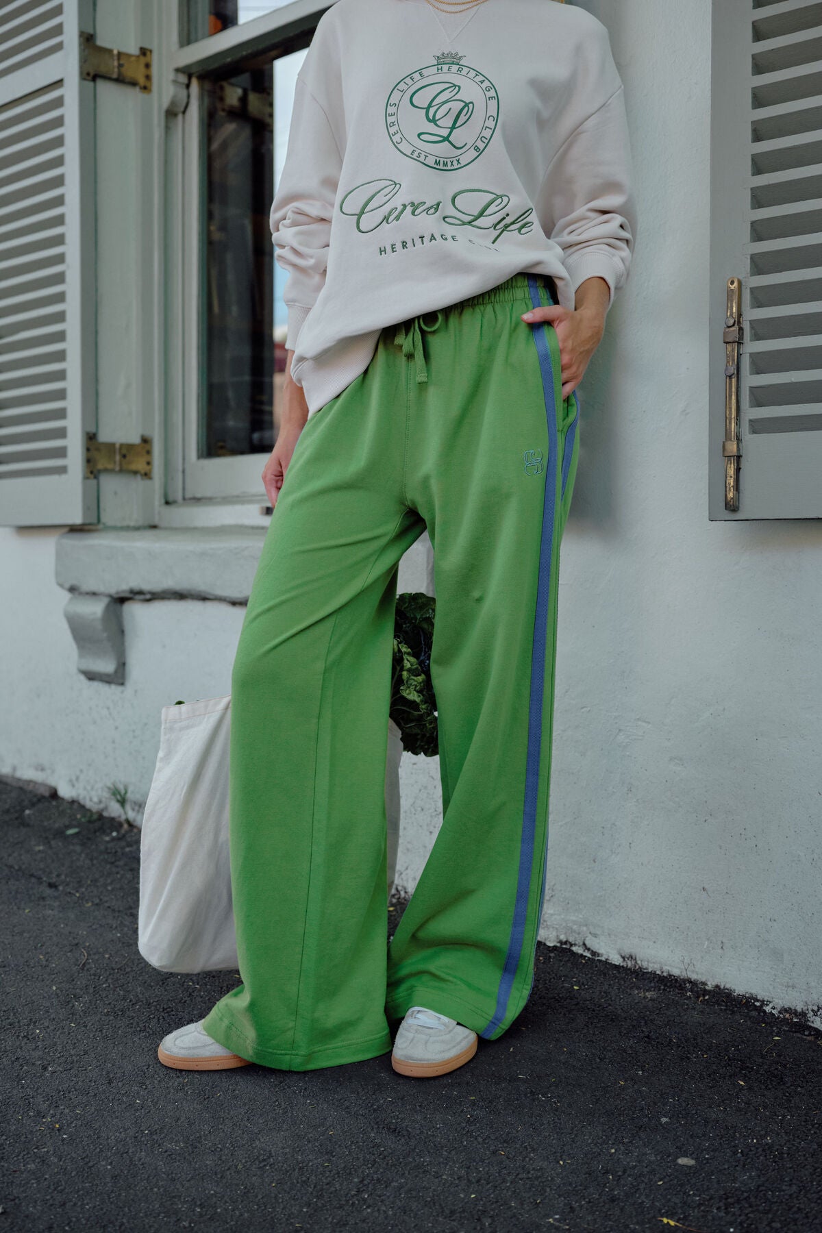 Gigi Wide Leg Terrty Tack Pants in  pistachio washed navy side stripe