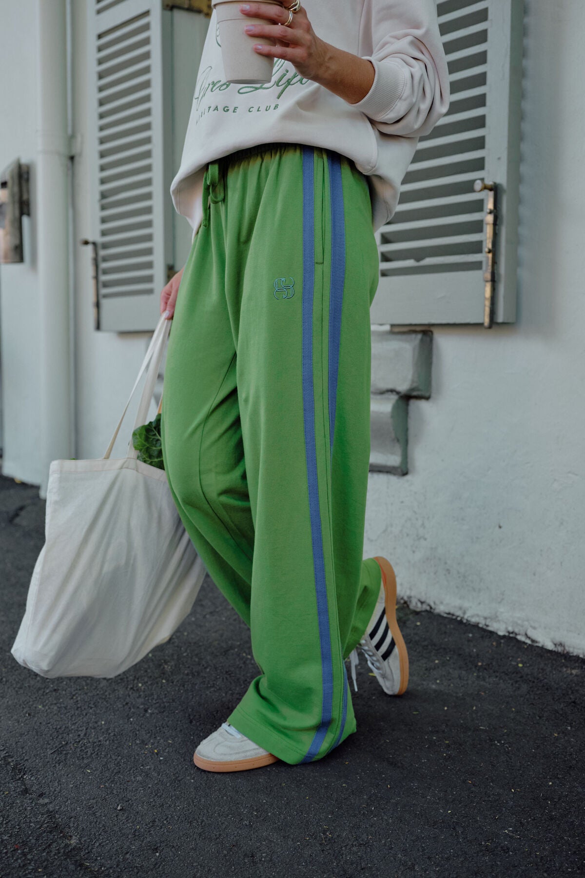 Gigi Wide Leg Terrty Tack Pants in  pistachio washed navy side stripe