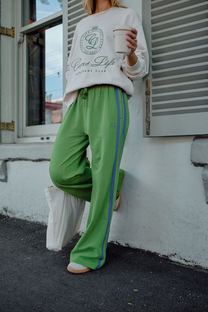 Gigi Wide Leg Terrty Tack Pants in  pistachio washed navy side stripe