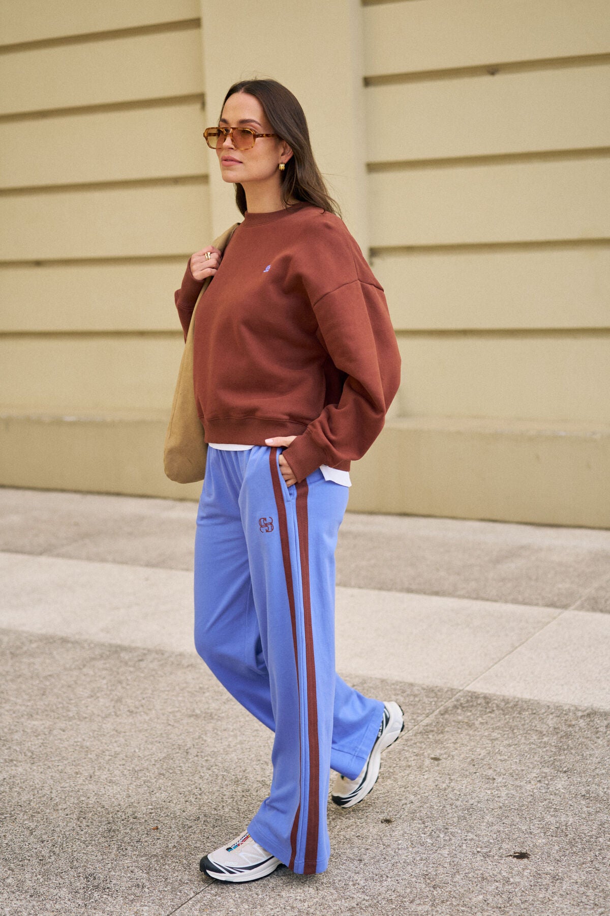 Gigi Wide Leg Terry Track Pants in Vintage Blue Mixed Side Stripe