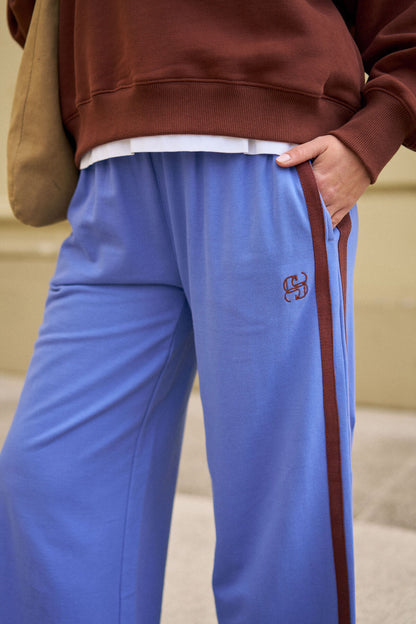 Gigi Wide Leg Terry Track Pants in Vintage Blue Mixed Side Stripe