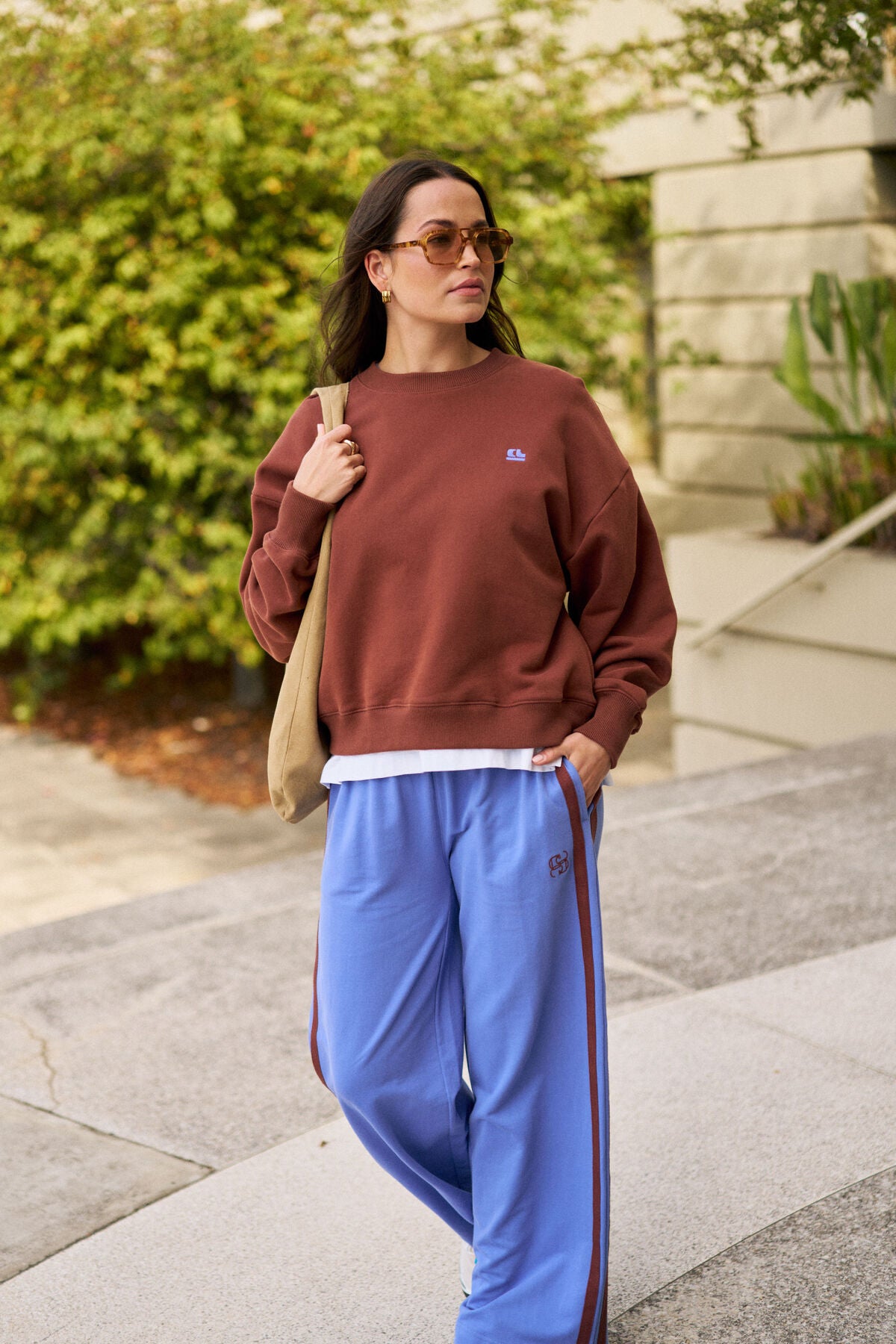 Gigi Wide Leg Terry Track Pants in Vintage Blue Mixed Side Stripe