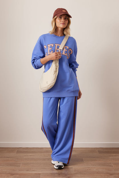 Gigi Wide Leg Terry Track Pants in Vintage Blue Mixed Side Stripe