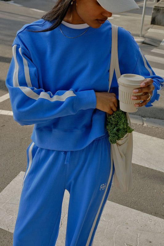 Ceres Life Sasha Sporty Slouchy Crewe in Marine Blue Side Stripe