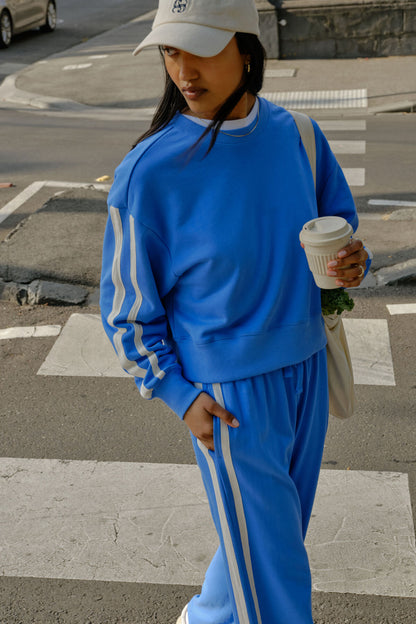 Ceres Life Sasha Sporty Slouchy Crewe in Marine Blue Side Stripe