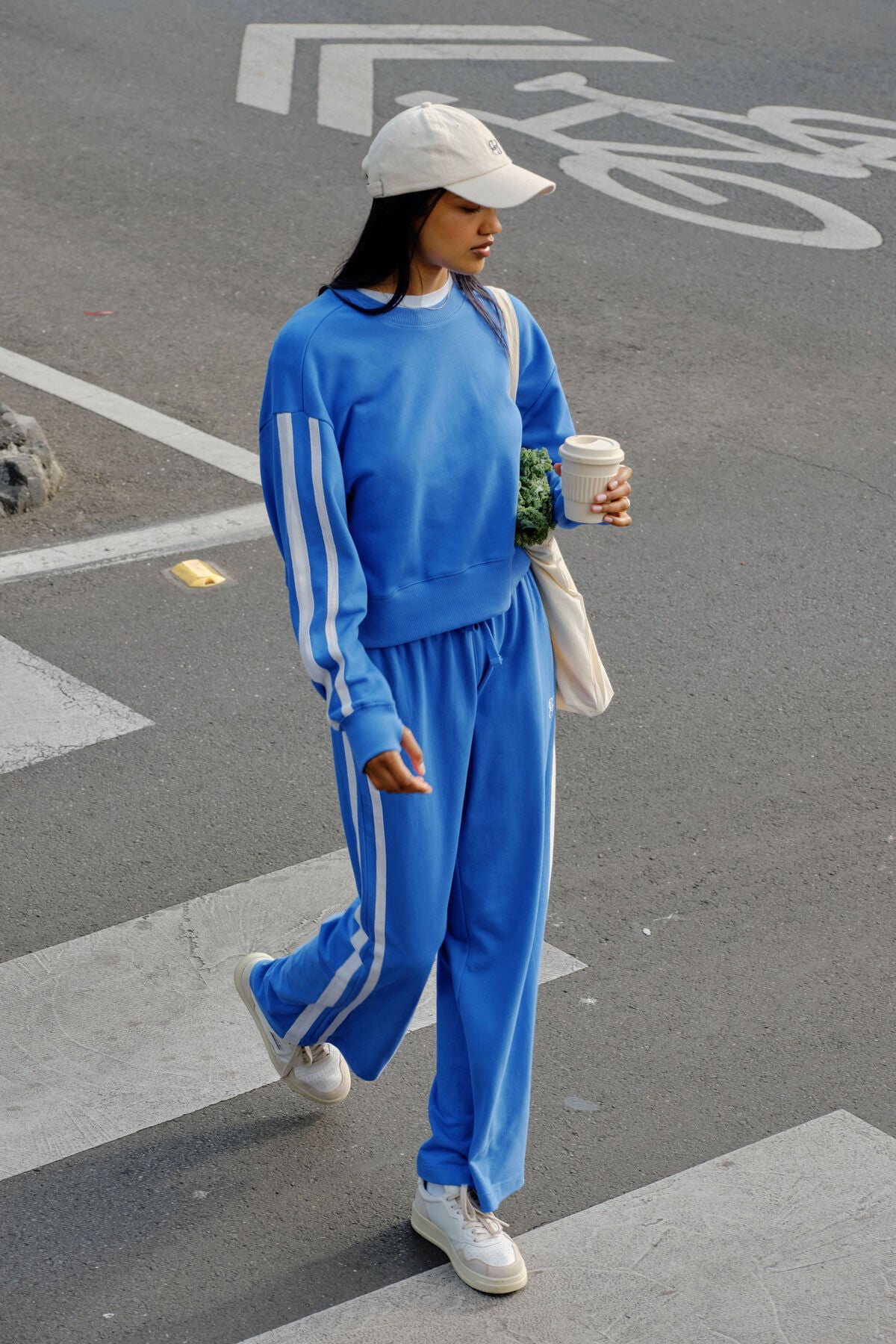 Ceres Life Sasha Sporty Slouchy Crewe in Marine Blue Side Stripe