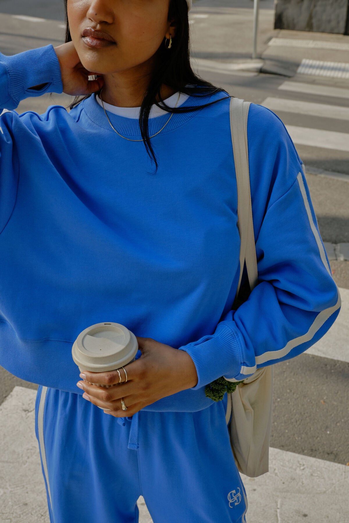 Ceres Life Sasha Sporty Slouchy Crewe in Marine Blue Side Stripe