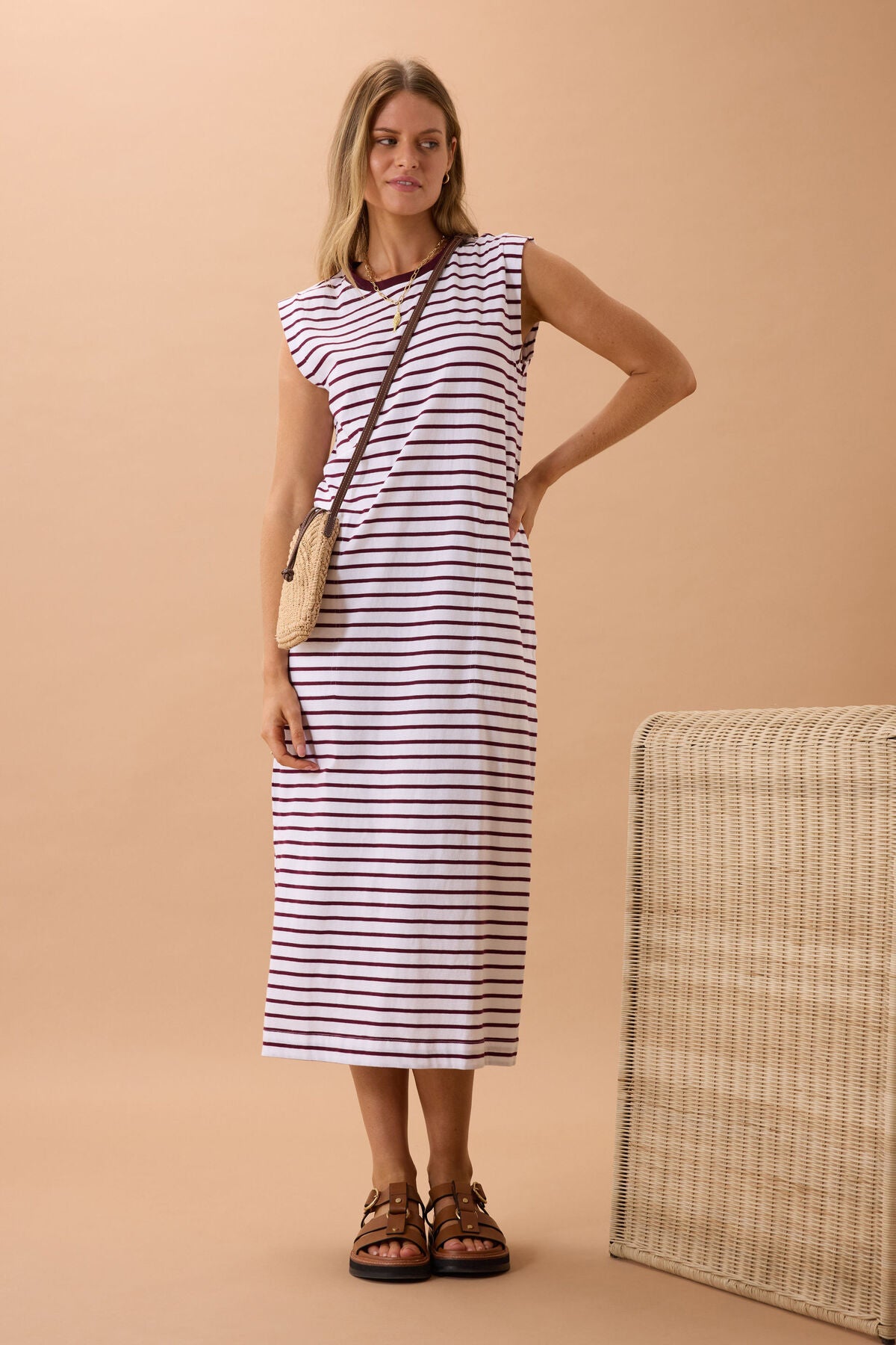 Ceres Life Paloma Dress in White Pomegranate Stripe