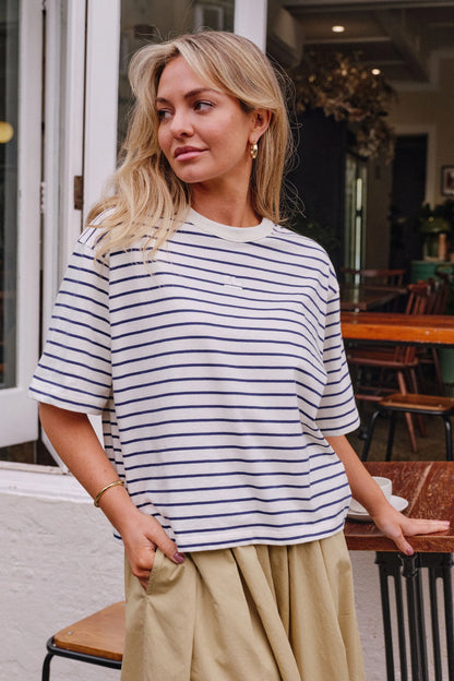 Phoebe Premium Tee in Milk Prussian Blue Stripe