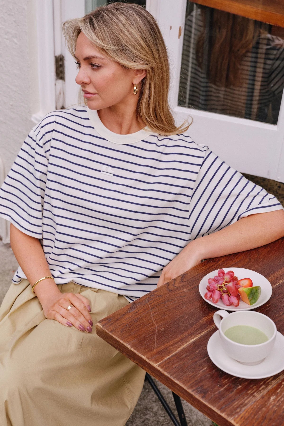 Phoebe Premium Tee in Milk Prussian Blue Stripe