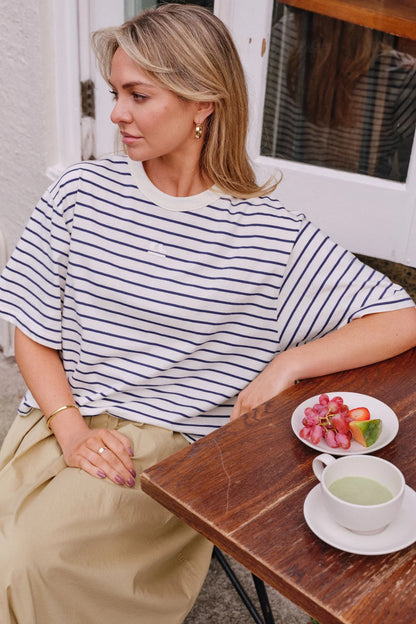 Phoebe Premium Tee in Milk Prussian Blue Stripe