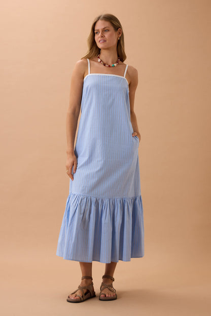 Ceres Life Sunday Maxi Dress in Powder Blue Triple Stripe
