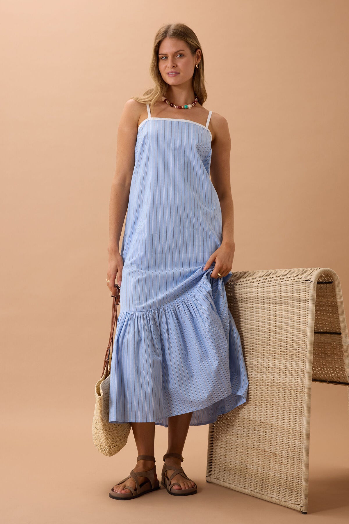 Ceres Life Sunday Maxi Dress in Powder Blue Triple Stripe