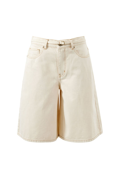 Olive Belted Denim Shorts In Fresh Sand