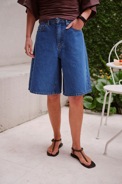 Olive Belted Denim Shorts in Fresh Indigo