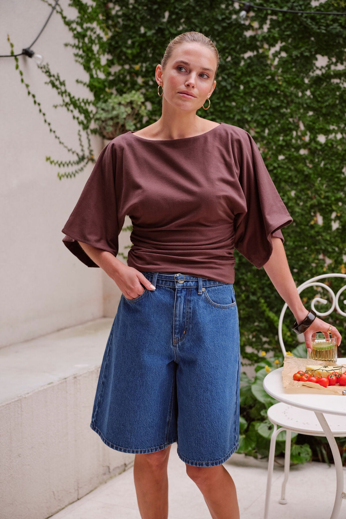 Olive Belted Denim Shorts in Fresh Indigo
