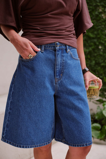 Olive Belted Denim Shorts in Fresh Indigo