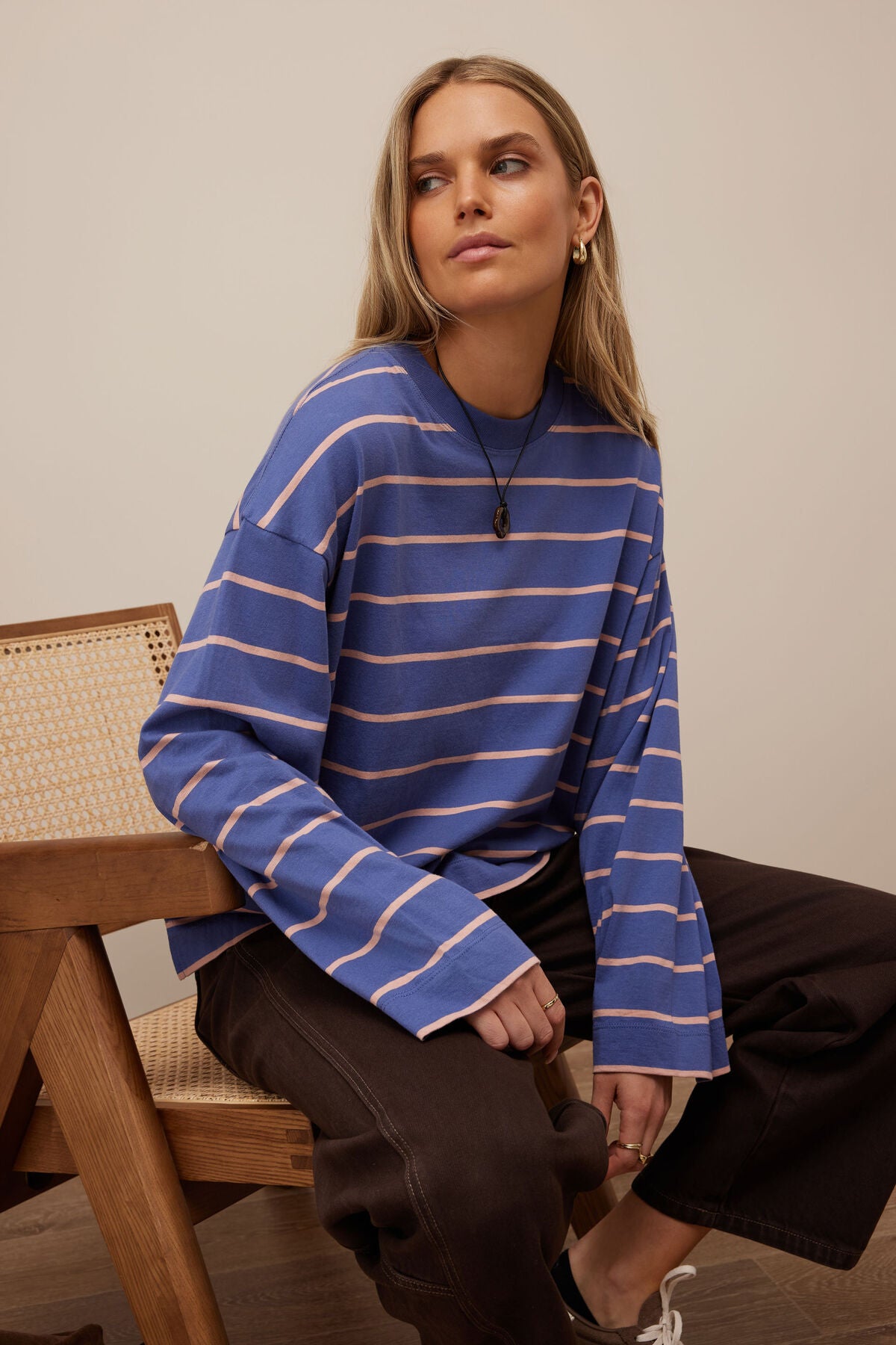 Beau Long Sleeve Slouchy Tee in Washed Navy/Pink Clay