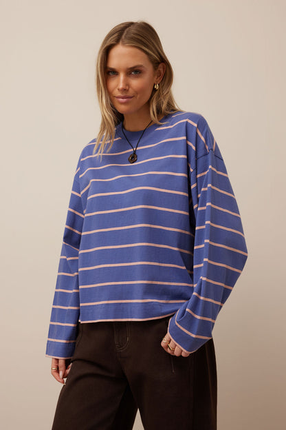Beau Long Sleeve Slouchy Tee in Washed Navy/Pink Clay