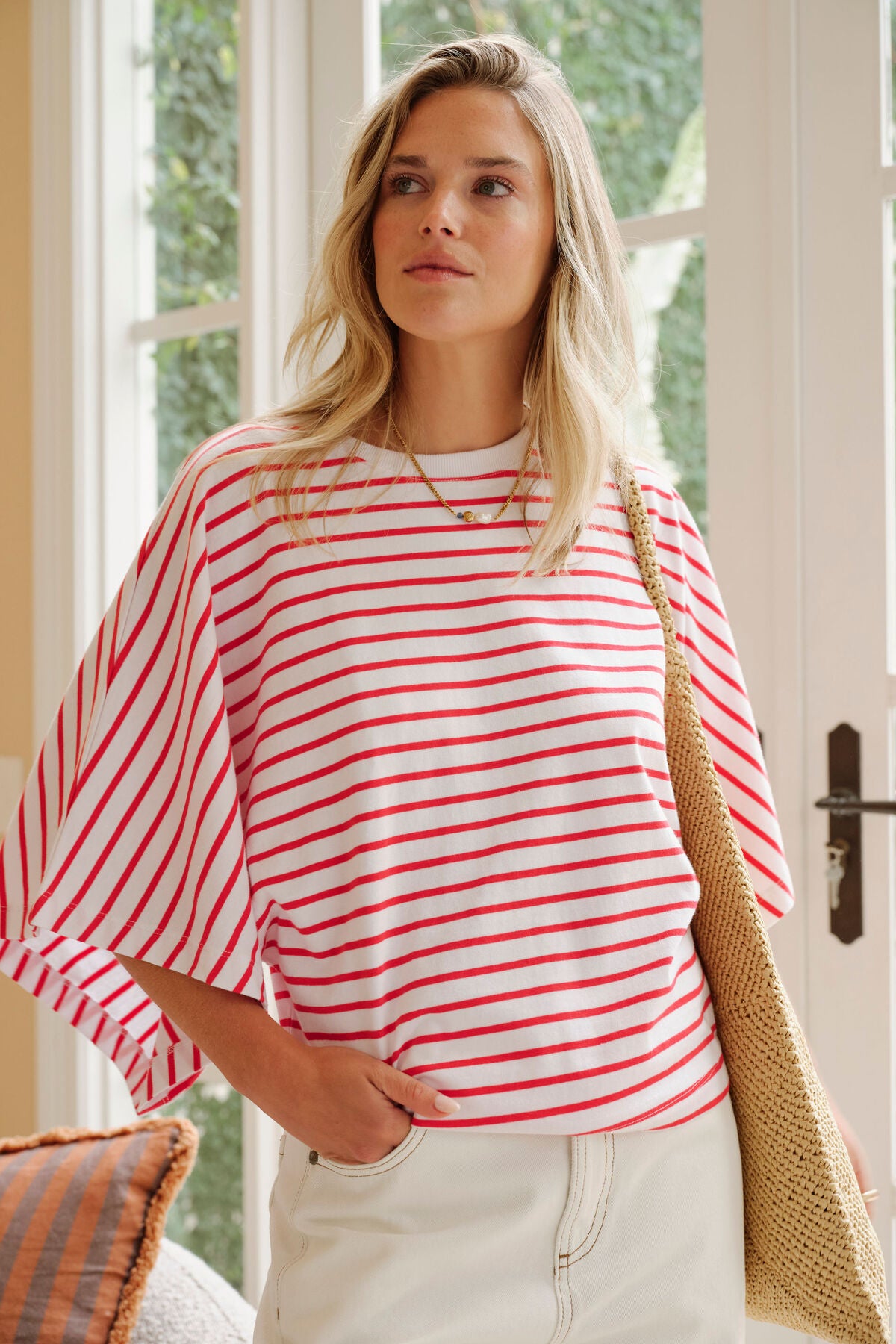 Lucy Relaxed Sleeve Tee in White/Heritage Red Stripe