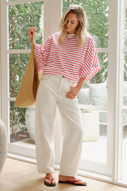 Lucy Relaxed Sleeve Tee in White/Heritage Red Stripe