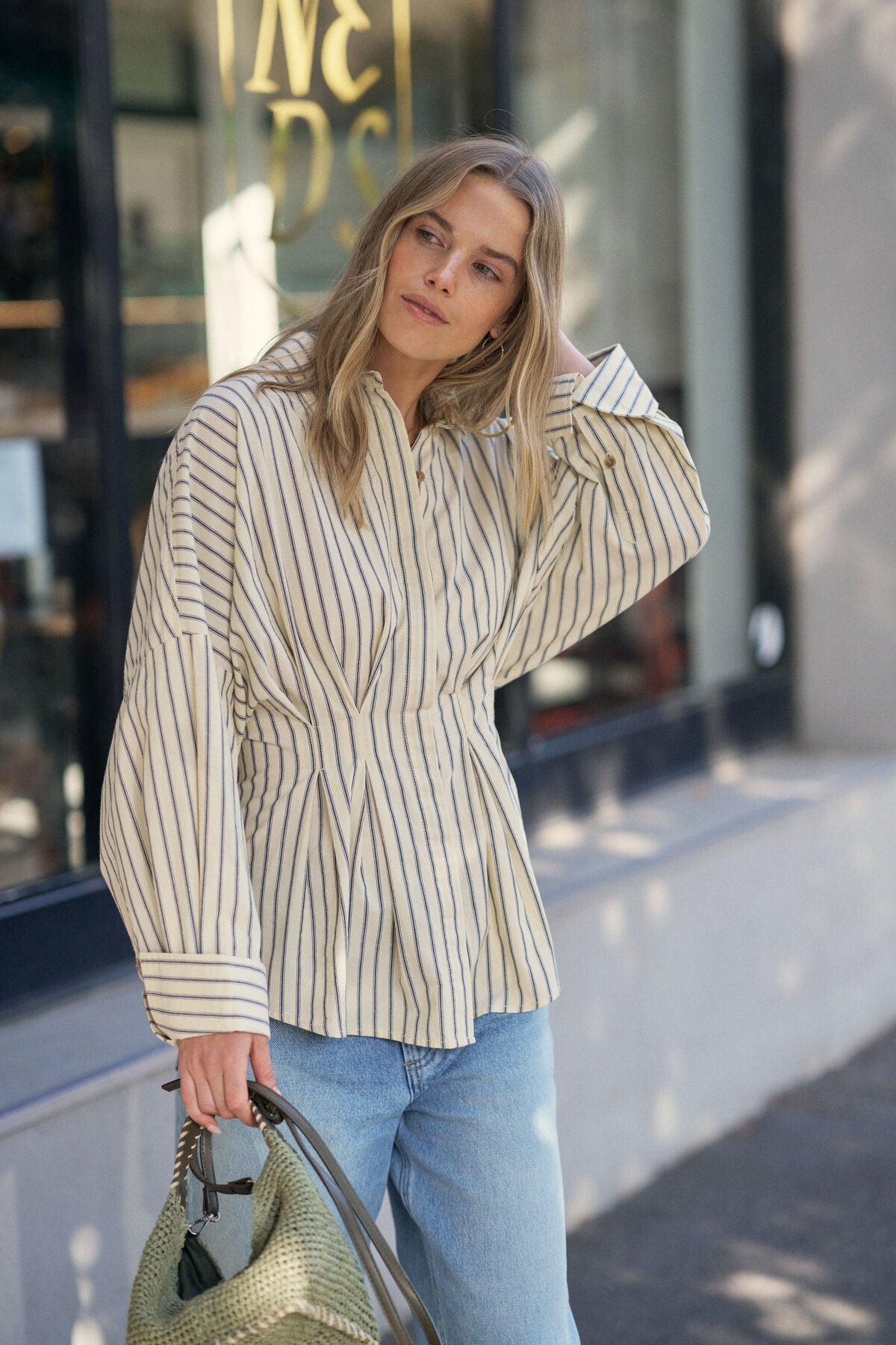 Ella Pleat Shirt in Butter Navy Stripe by Ceres Life