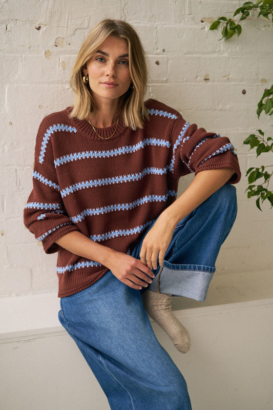 Lila Oversized Knit Crew in Burnt Toffee Stripe