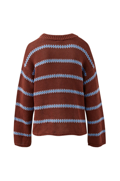 Lila Oversized Knit Crew in Burnt Toffee Stripe