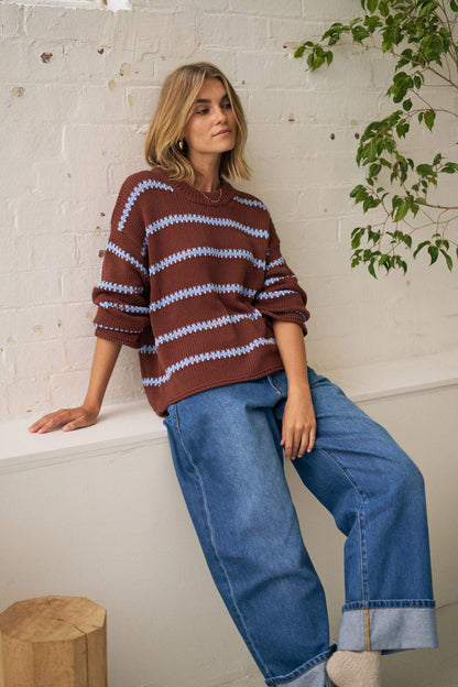 Lila Oversized Knit Crew in Burnt Toffee Stripe