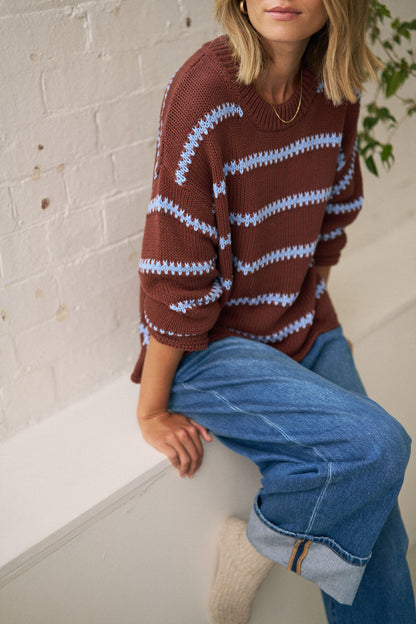 Lila Oversized Knit Crew in Burnt Toffee Stripe