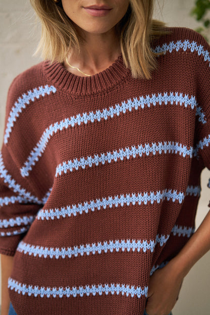 Lila Oversized Knit Crew in Burnt Toffee Stripe