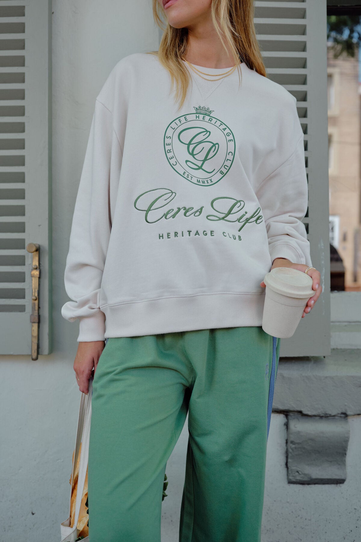 Romy Crew in  buff pistachio club logo