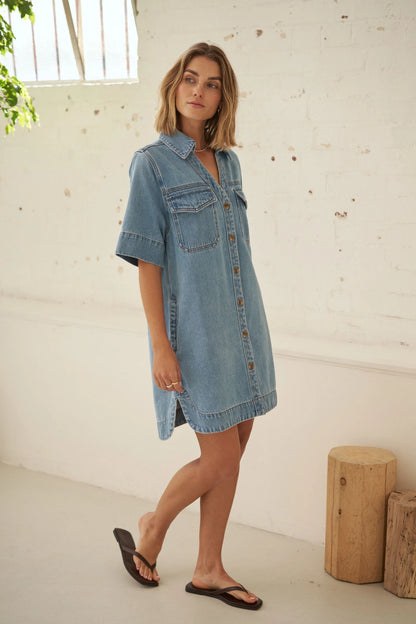 Bonnie Relaxed Shirt Dress in Vintage Blue