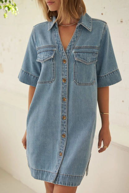 Bonnie Relaxed Shirt Dress in Vintage Blue
