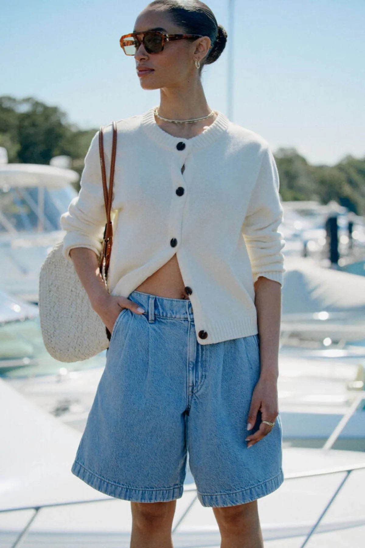 Ceres life Sylvie Longline Pleat Denim Shorts in Vintage Blue