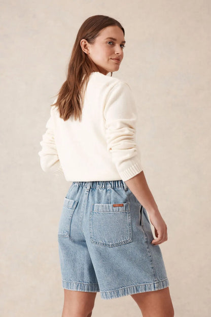 Ceres life Sylvie Longline Pleat Denim Shorts in Vintage Blue