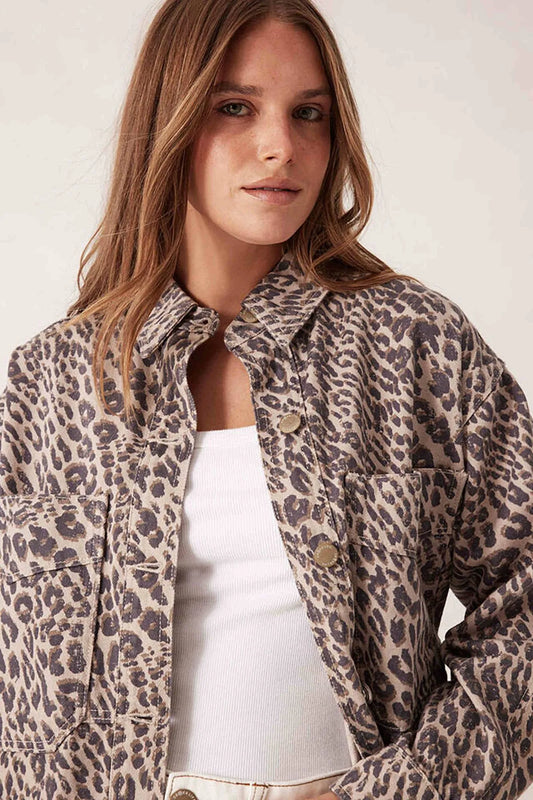 Ceres Life Bobbi Side Pocket Denim Shacket in Leopard